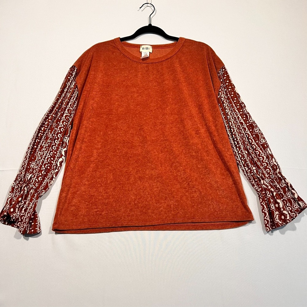 Bibi Top Blouse Aztec Print Balloon Long Sleeve Rust Casual Women's Small